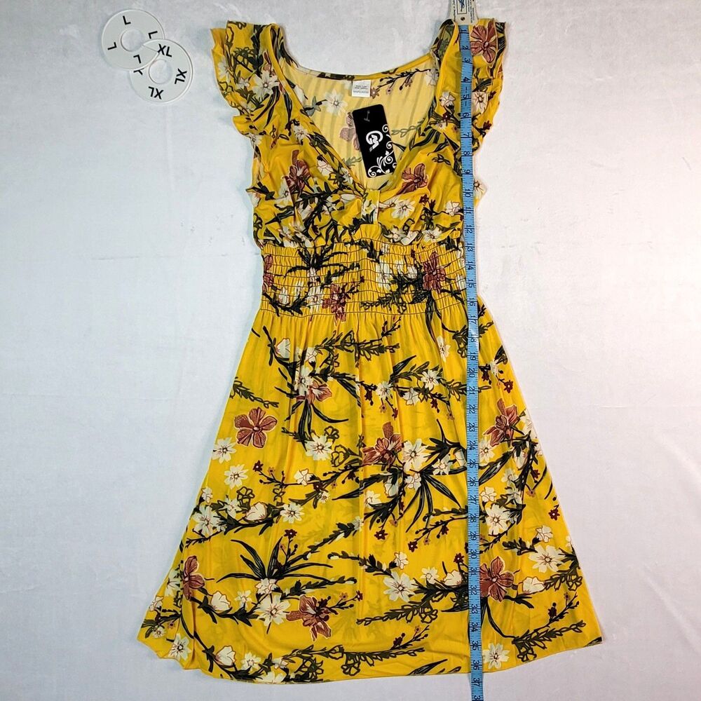 GM Yellow Tropical Floral Smocked Flutter Sleeve Dress L/XL NWT - Picture 7 of 8